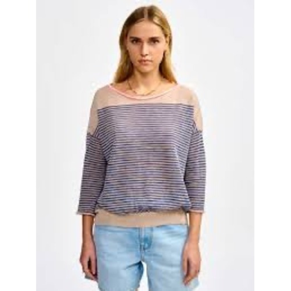 Bellerose Italy Striped Linen Blend Knit Sweater Cream Navy Green Trim Size 4